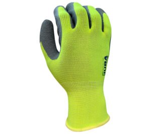 GUANTE NAILON SIN COSTURAS RECUBIERTO LÁTEX RUGOSO, AMARILLO FLÚOR/GRIS (COD.:258)