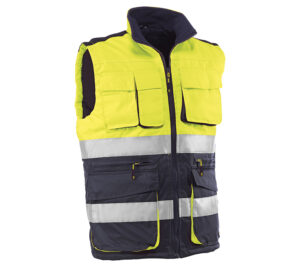 CHALECO MULTIBOLSILLOS CON BANDAS REFLECTANTES 3M®, ACOLCHADO. AMARILLO FLÚOR/MARINO  (COD.:HV717)