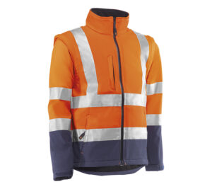CHAQUETA CORTAVIENTOS CON BANDAS REFLECTANTES 3M®. NARANJA FLÚOR/MARINO  (COD.:HV9820)